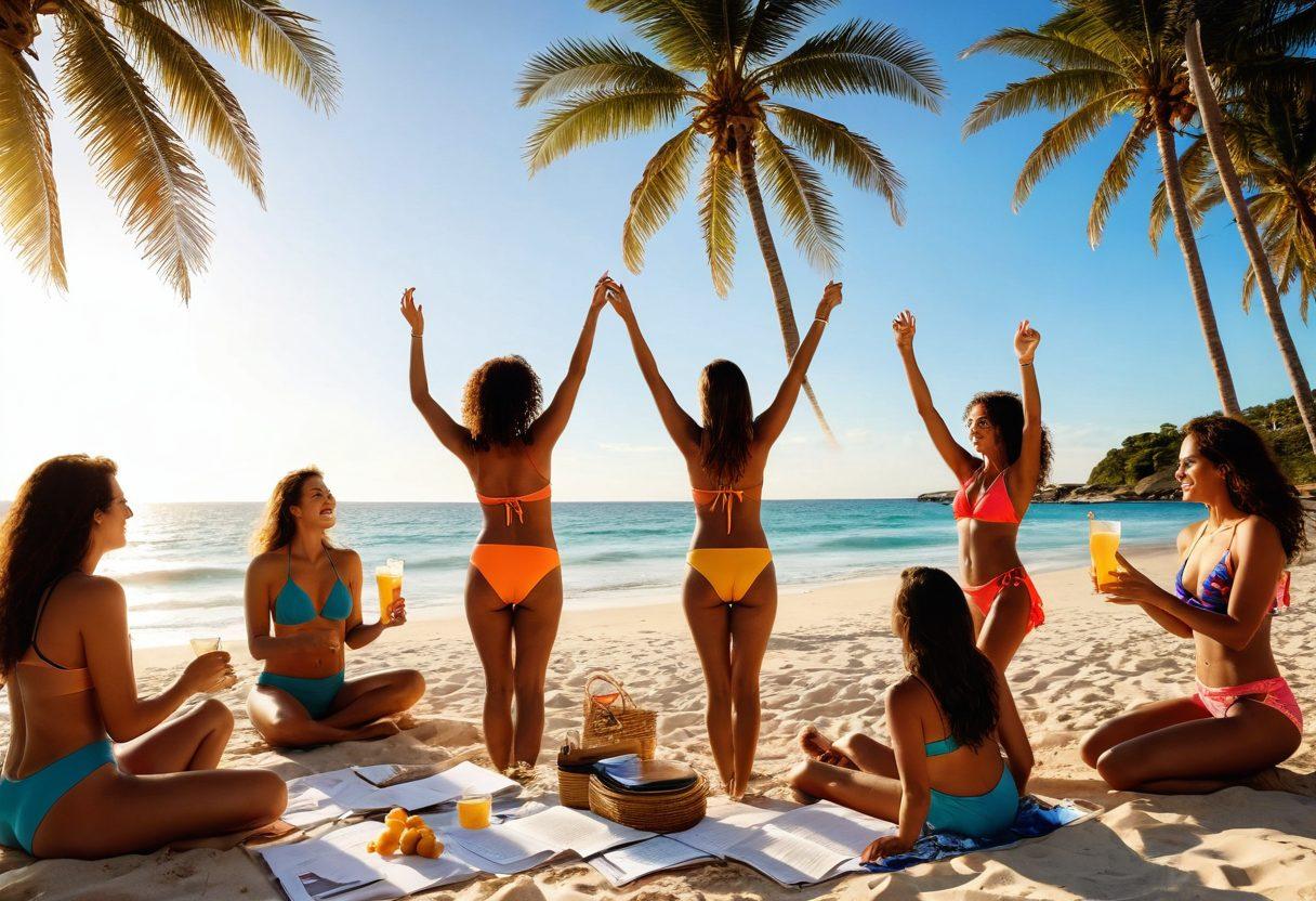 A sun-soaked beach scene featuring stylish women in vibrant swimwear, joyfully splashing in the waves, showcasing a variety of trendy swimsuits. In the background, a lively group of friends enjoying a picnic with financial advice books and cocktails, symbolizing financial freedom. The sun is setting, casting a golden glow that enhances the joyful atmosphere. bright colors. summer vibes. tropical setting.