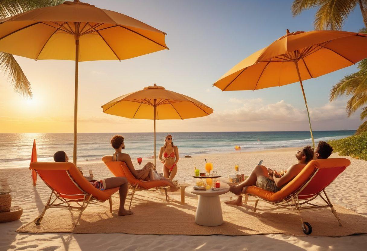 A fashionable beach scene showcasing a diverse group of people in vibrant, stylish swimwear, lounging under colorful umbrellas with cocktails in hand. In the background, a sleek digital screen displays smart financial solutions, such as charts and graphs, seamlessly integrated into the beach atmosphere. The sun sets, casting warm golden hues, reflecting relaxation and smart living. vibrant colors. super-realistic.