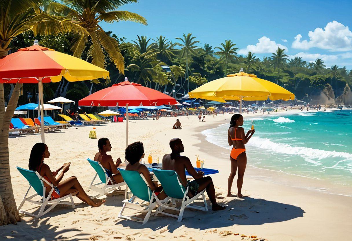 A sun-kissed beach scene featuring a diverse group of people in stylish swimwear, confidently discussing various cash advance options over colorful beach umbrellas. The ocean waves gently lapping in the background, contrasting with a chic beachside cafe. Vibrant tropical plants around the scene, symbolizing growth and freedom. A playful vibe to encourage financial exploration alongside leisure. vibrant colors. super-realistic. beach atmosphere.